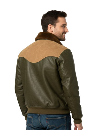 Man wearing a green and brown leather jacket on a white background