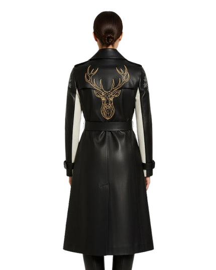 Vintage Classic Long Double Breasted Black Leather Trench Coat