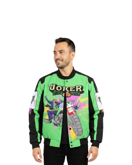 Vintage design Joker racing jacket featuring bold graphics and a classic comic-inspired racing style