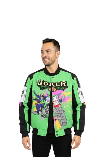 Vintage design Joker racing jacket featuring bold graphics and a classic comic-inspired racing style