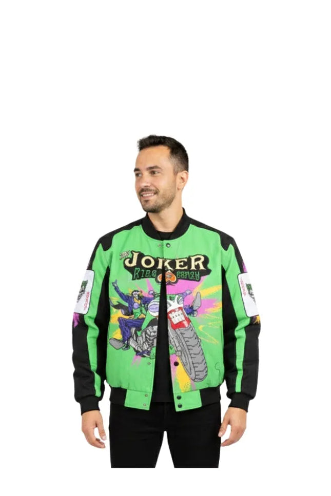 Vintage design Joker racing jacket featuring bold graphics and a classic comic-inspired racing style