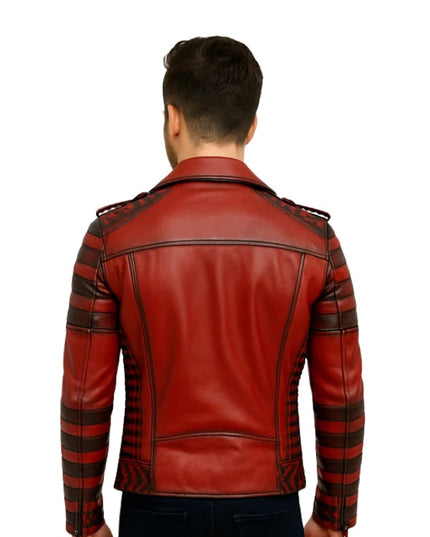 Red leather jacket with black accents on a white background