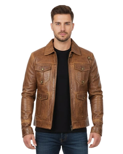 Man wearing a brown leather jacket on a white background