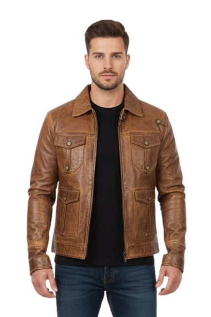 Man wearing a brown leather jacket on a white background