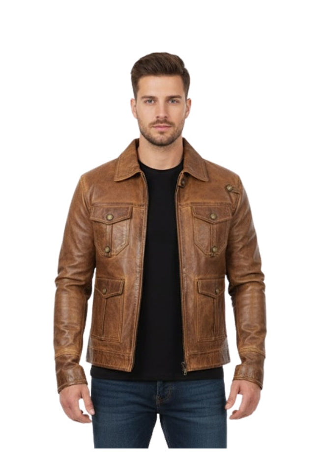 Man wearing a brown leather jacket on a white background