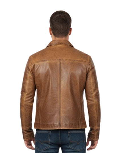 Man wearing a brown leather jacket on a white background