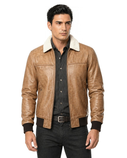 Man wearing a brown leather jacket with white fur lining on a white background