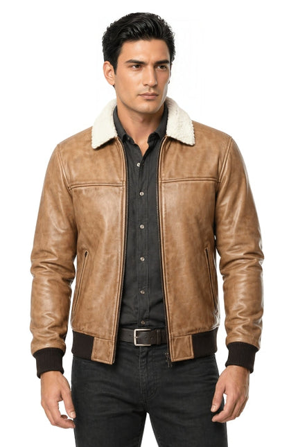 Man wearing a brown leather jacket with white fur lining on a white background