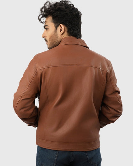 Man wearing a brown leather jacket on a white background