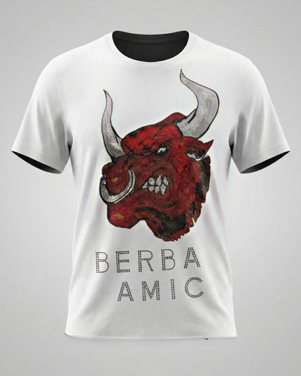 White t-shirt with red bull graphic and 'BERBA AMIC' text on a gray background