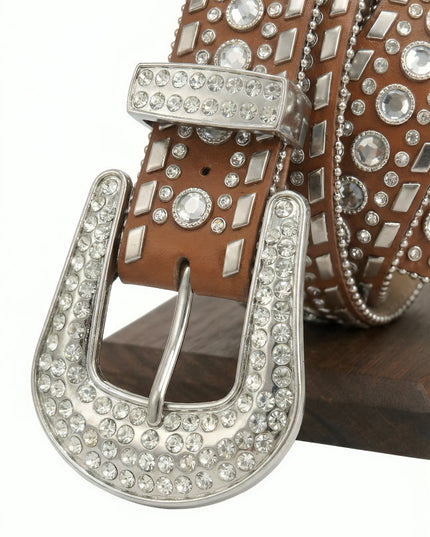Brown leather belt with silver rhinestone buckle on a white background