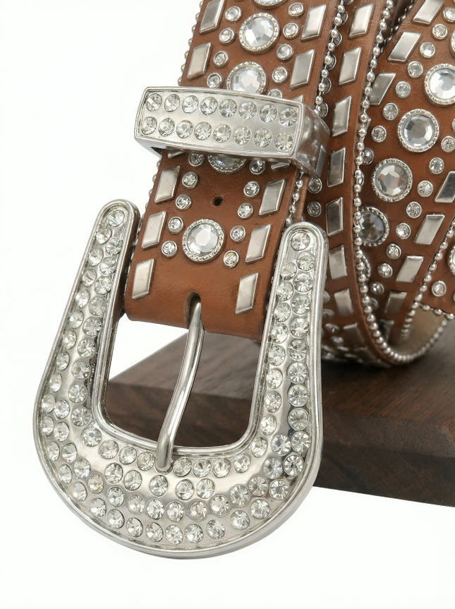 Brown leather belt with silver rhinestone buckle on a white background