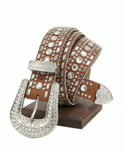 Brown leather belt with silver rhinestone buckle on a white background