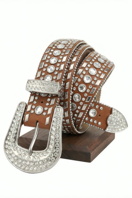 Brown leather belt with silver rhinestone buckle on a white background