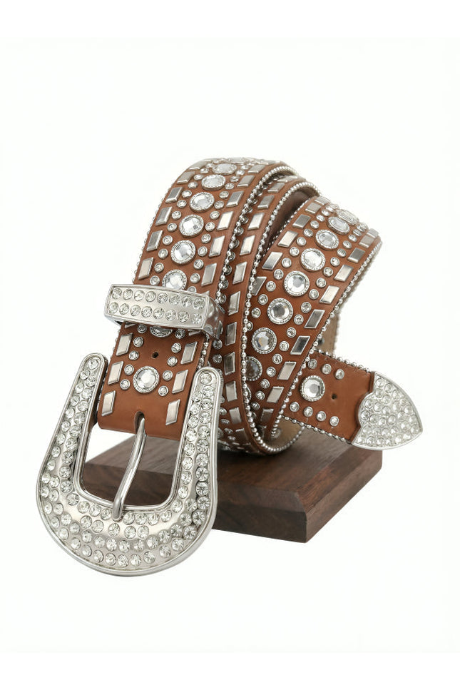 Brown leather belt with silver rhinestone buckle on a white background