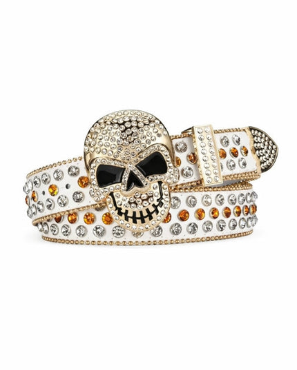 Decorative belt with skull design and crystal embellishments on a white background