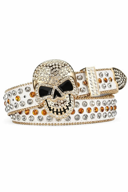 Decorative belt with skull design and crystal embellishments on a white background