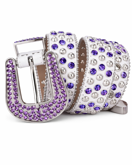Decorative belt with purple and silver embellishments on a white background