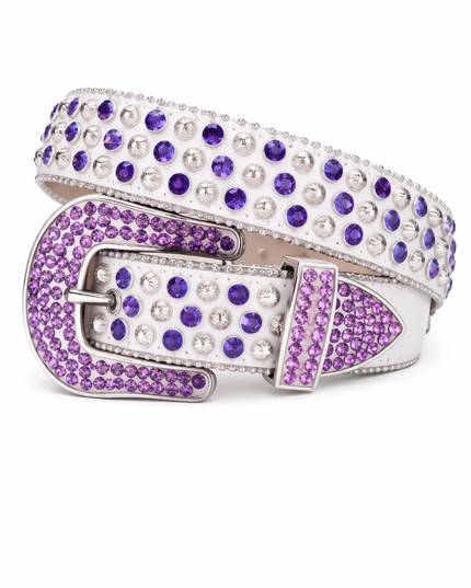 Belt with purple and white gemstones on a white background