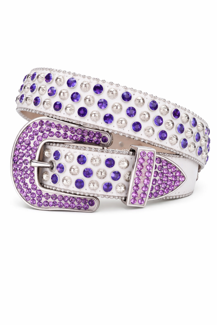 Belt with purple and white gemstones on a white background