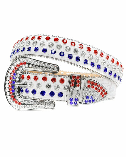 Belt with red, white, and blue rhinestone pattern on a white background