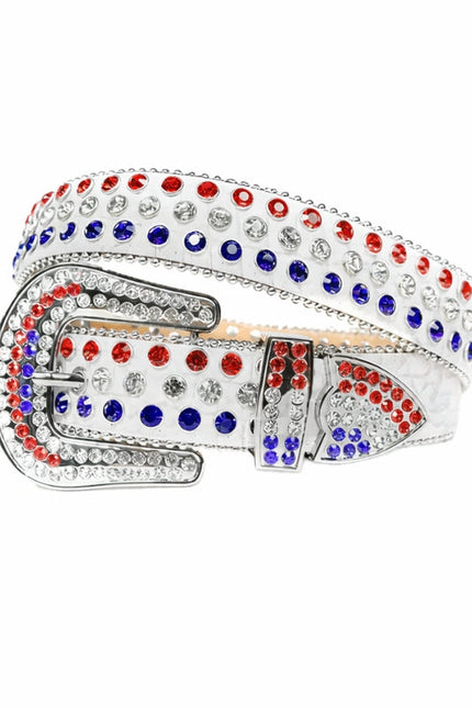 Belt with red, white, and blue rhinestone pattern on a white background