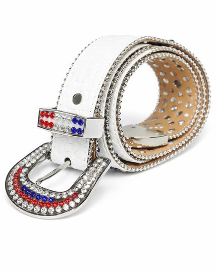 White belt with a decorative buckle featuring red, blue, and clear stones on a white background