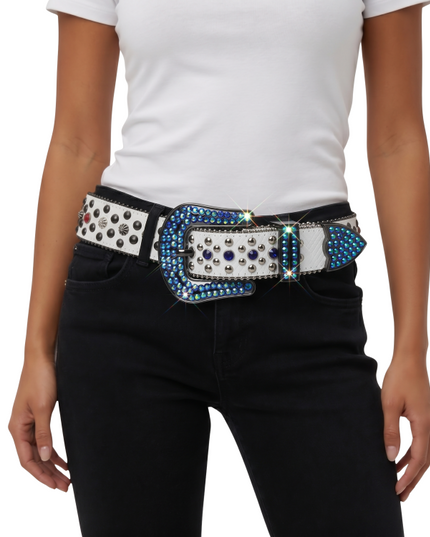 White Strap With Blue Rhinestone Western Belt Live
