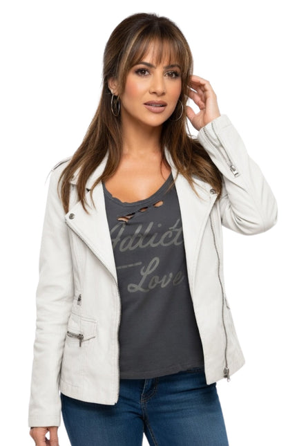 Woman wearing a white jacket over a gray shirt with text on a white background