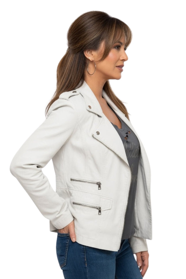 Woman wearing a white leather jacket on a white background