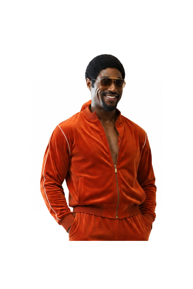 Man wearing an orange tracksuit with a white background