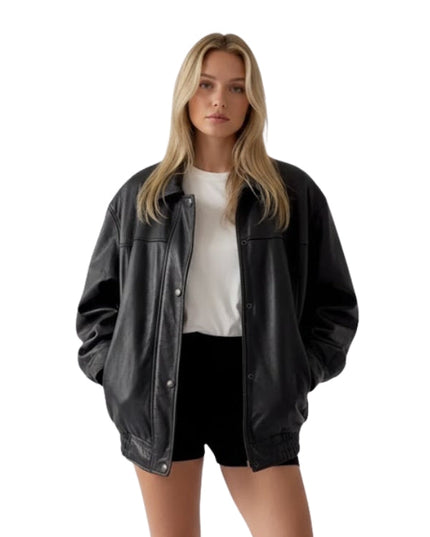 Women Black Classic Pure Leather Bomber Jacket