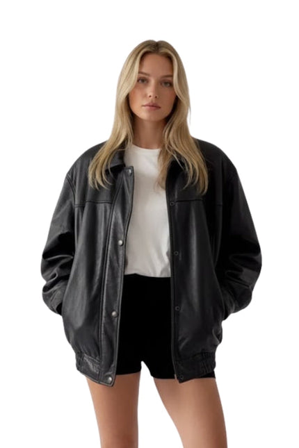 Women Black Classic Pure Leather Bomber Jacket