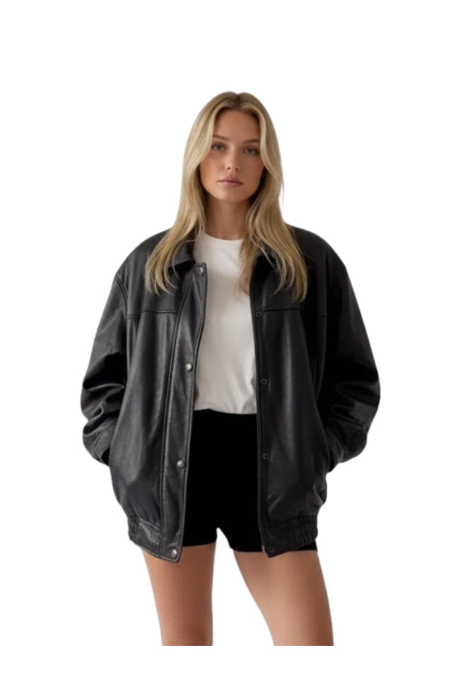 Women Black Classic Pure Leather Bomber Jacket