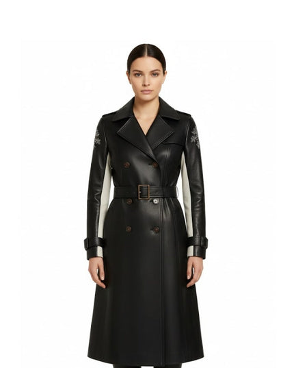 Women Long Double Breasted Black Leather Trench Coat