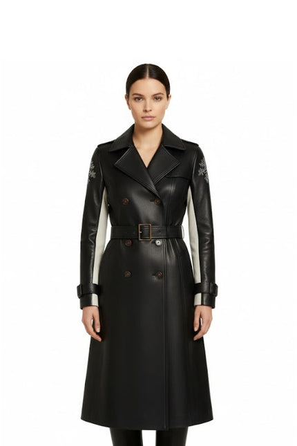 Women Long Double Breasted Black Leather Trench Coat