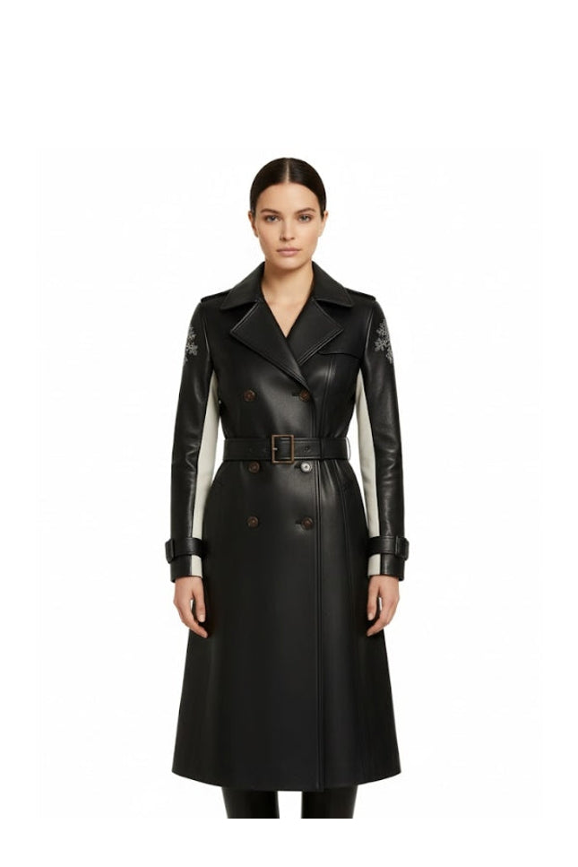 Women Long Double Breasted Black Leather Trench Coat