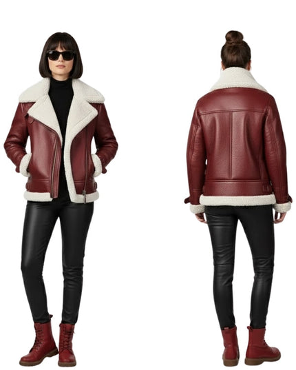 Women Shearling Aviator B3 Fur Burgundy Bomber Jacket