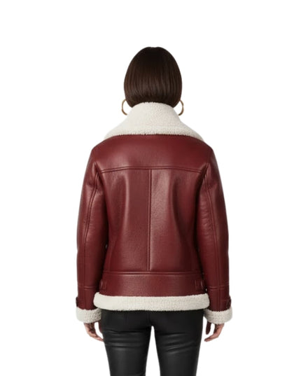 Women Shearling Aviator Pilot Style B3 Fur Burgundy Bomber Jacket