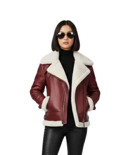 Women Shearling Aviator Pilot Style B3 Fur Burgundy Jacket