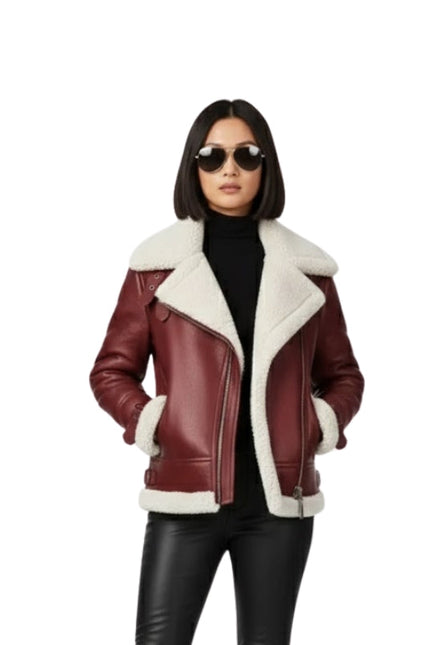 Women Shearling Aviator Pilot Style B3 Fur Burgundy Jacket