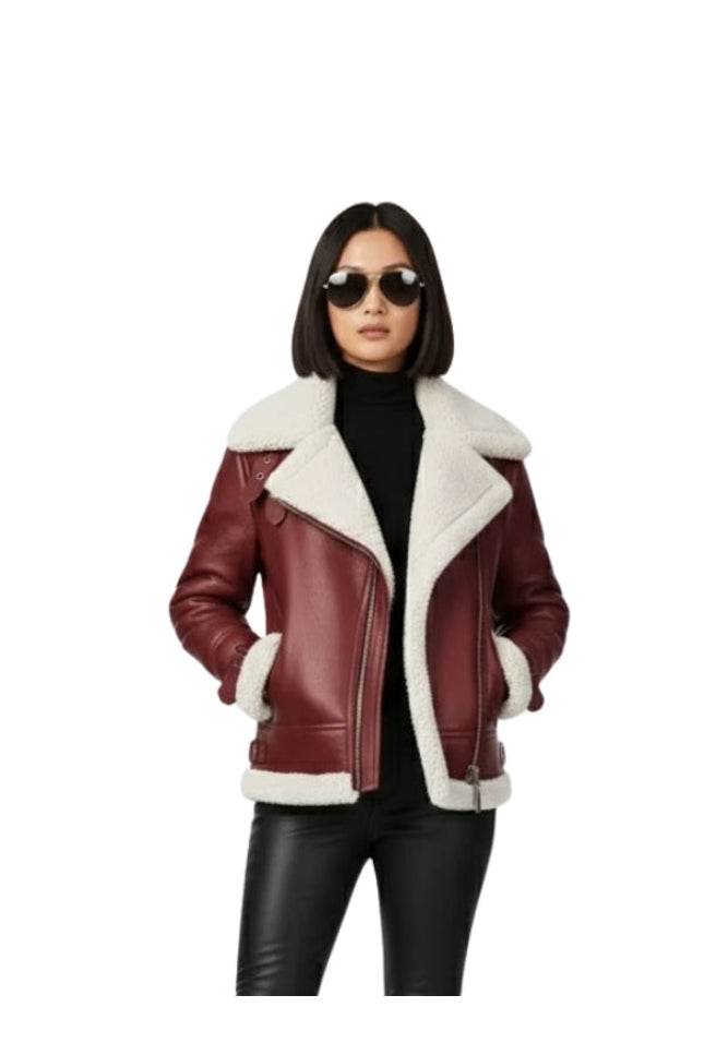 Women Shearling Aviator Pilot Style B3 Fur Burgundy Jacket