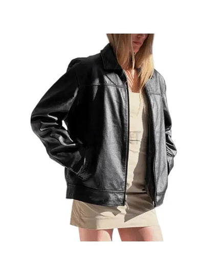 Women's 90's black leather jacket with vintage retro style
