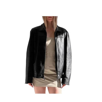 Women's oversized lambskin leather jacket with stylish modern design