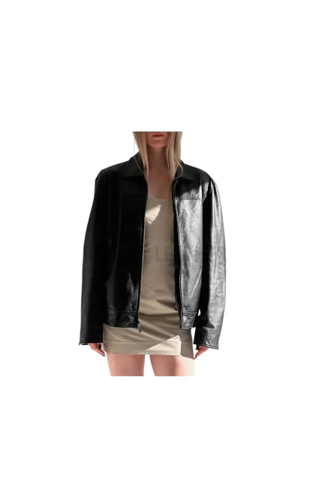 Women's oversized lambskin leather jacket with stylish modern design
