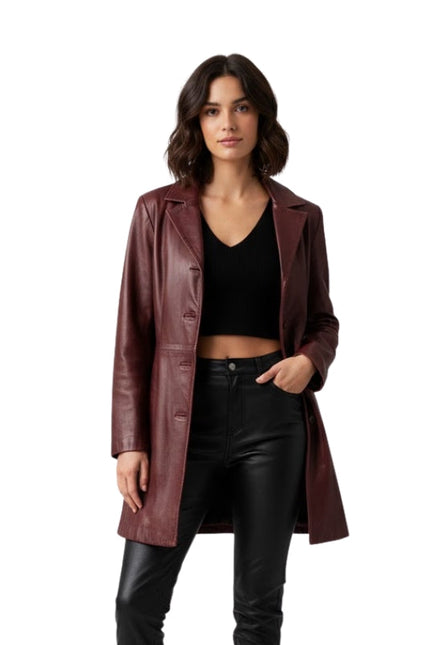 Woman wearing a burgundy leather coat on a white background