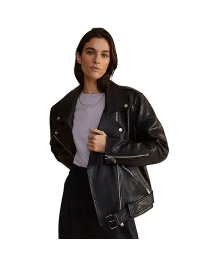 Women’s 90s vintage retro biker jacket with classic biker style.