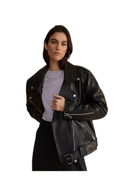 Women’s 90s vintage retro biker jacket with classic biker style.