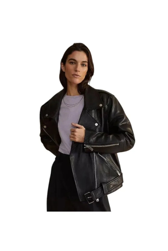 Women’s 90s vintage retro biker jacket with classic biker style.