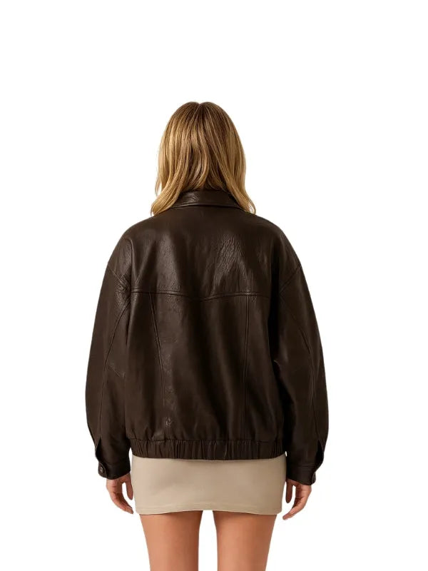 women’s 90s oversized brown vintage genuine leather bomber jacket